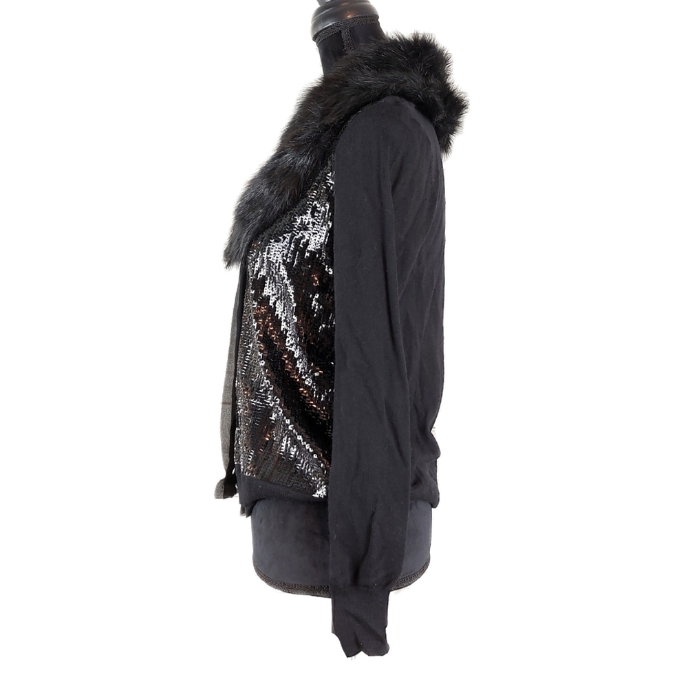 Jones New York Petite Black Fur Collar Wool Blend Sequins Cardigan Sz PM NWT - Picture 5 of 9